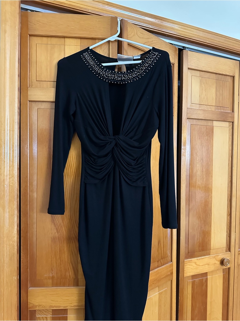 VENUS Black Long-Sleeve Beaded-Neck Twist-Front Dress
